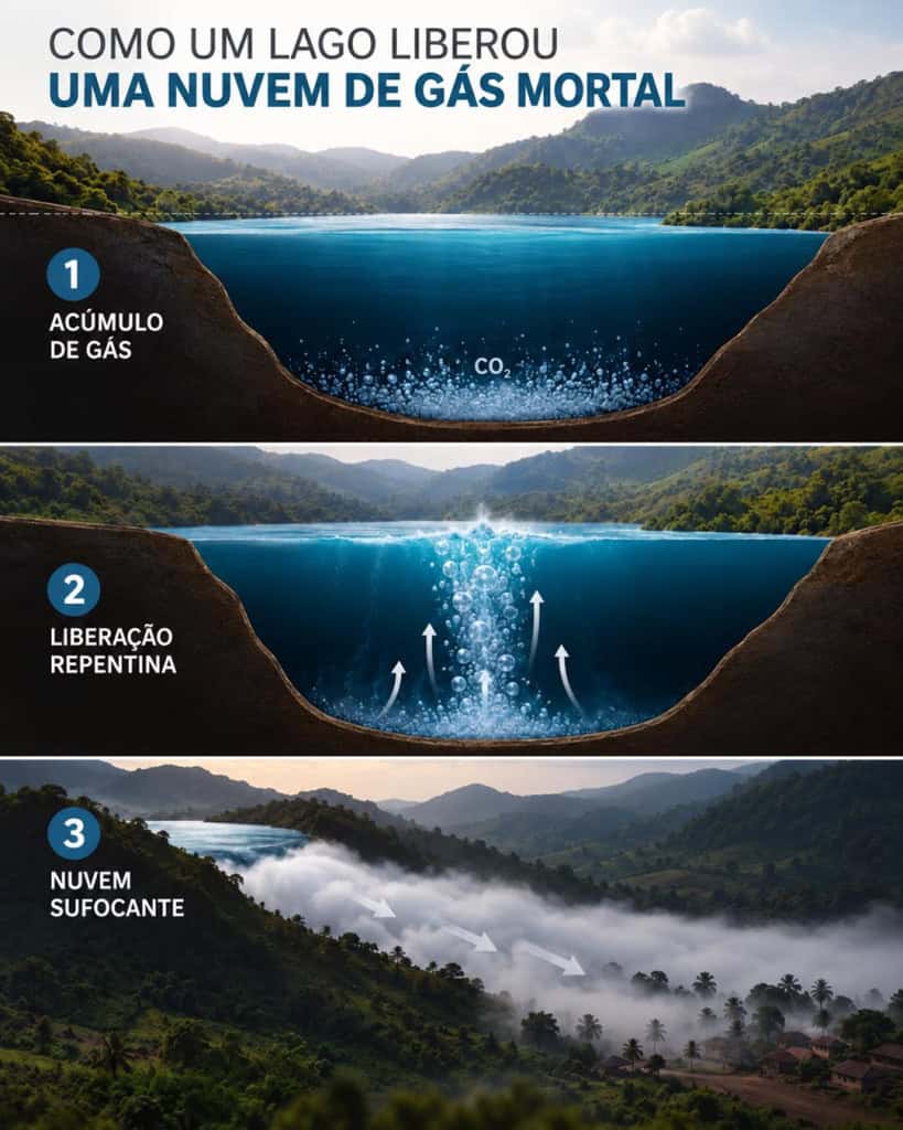 Infográfico mostra a dinâmica do desastre natural do Lago Nyos.