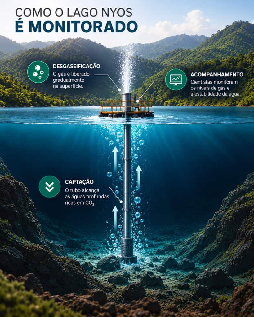 Foram instalados tubos no Lago Nyos para liberar gradualmente o dióxido de carbono acumulado e evitar novos desastres.