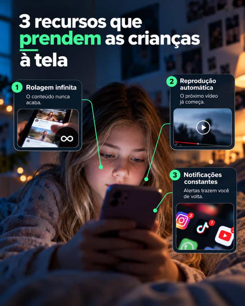 Plataformas usam rolagem infinita, autoplay e notificações para manter crianças conectadas por mais tempo e dificultar o desligamento.